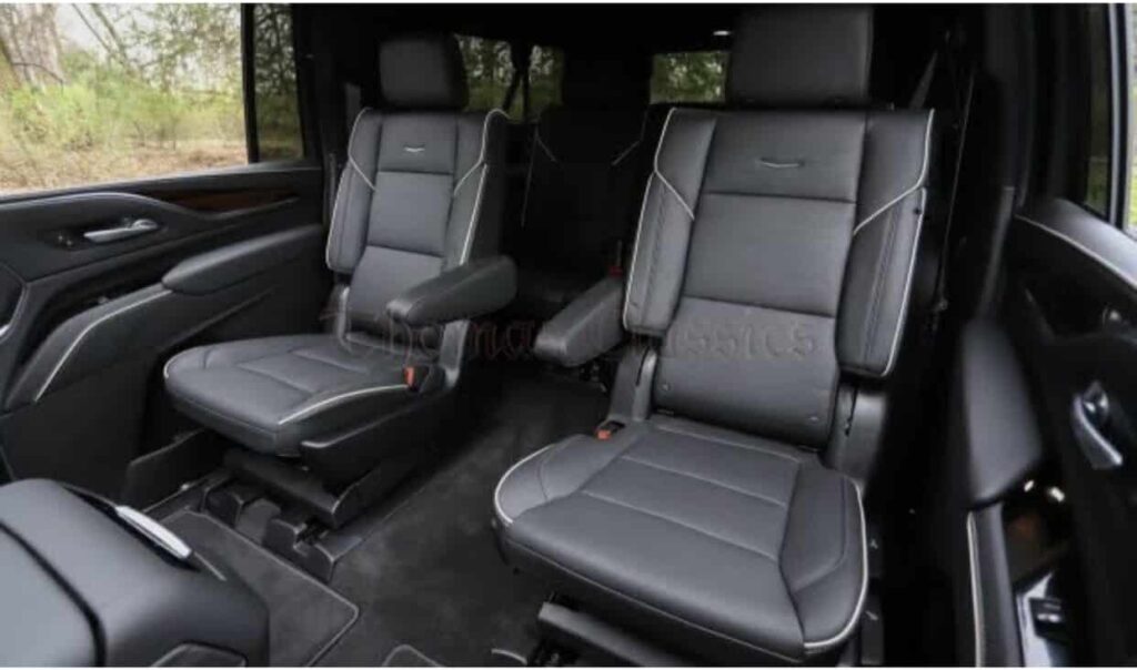 Interior view of captain's chairs in 2022 Escalade ESV.