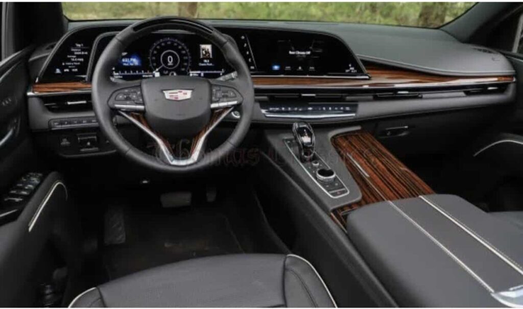 View of steering wheel and dashboard in 2022 Escalade ESV.