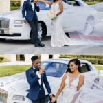 Collage of bride and groom smiling and kissing next to Rolls Royce Ghost