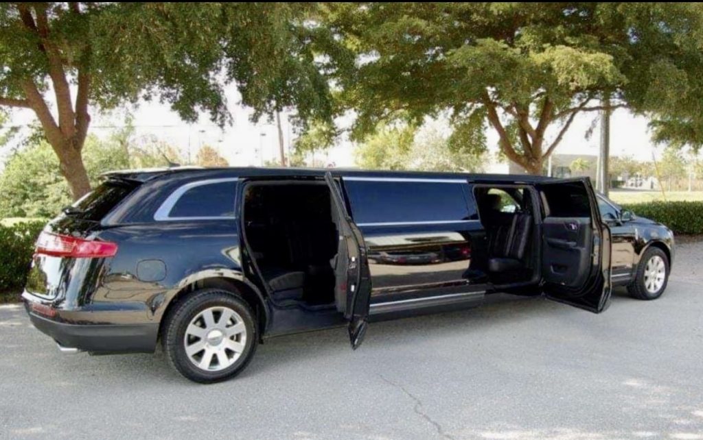 Exotic Limo's black Lincoln MKT limo with doors open.